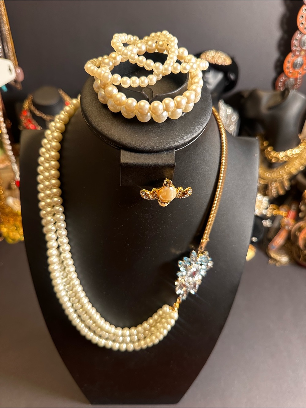 Vintage Victorian Omega 3 tier Necklace 4 pc Bracelet & Bee Brooch 6 Set
